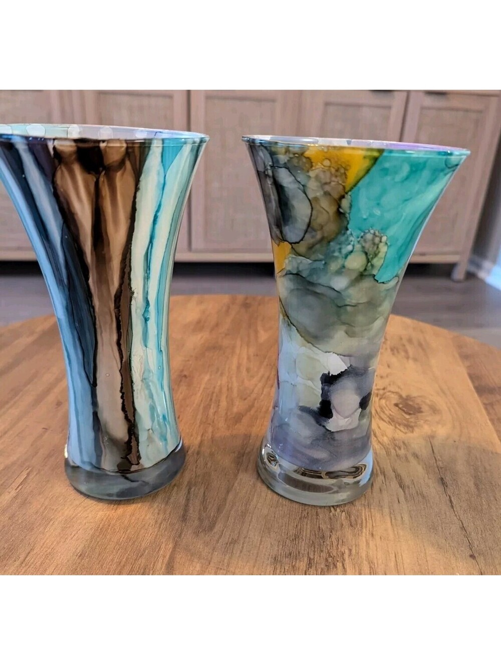 Vintage Italian Pour On Glass Vases (2) Handmade in Italy, Marbled And Striped